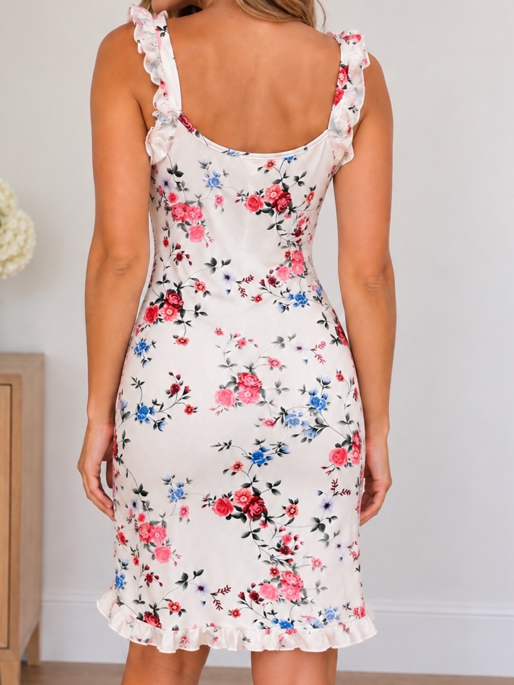 Ivory Floral Satin Ruffle Mini Dress - Picture 2 of 5